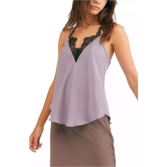 NEW NWT Free People Starlight V-Neck Lace Trim Cami Top Silver Mauve Purple S - Picture 1 of 11